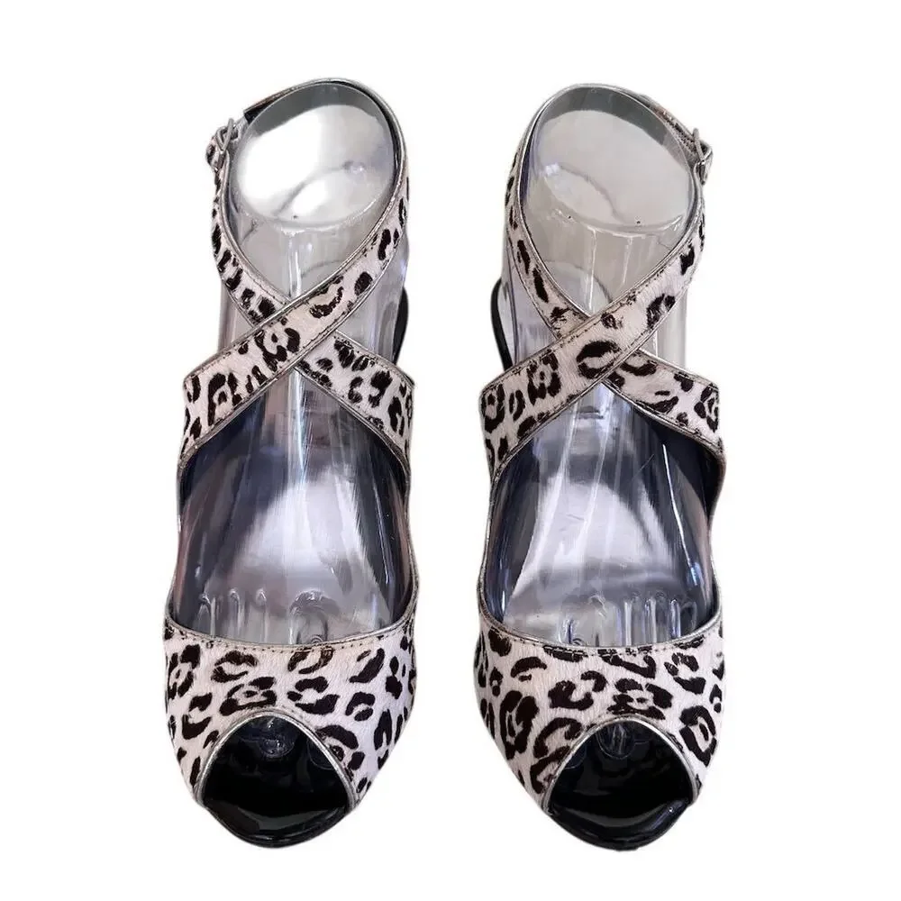 🌸3/$15🌸 WHBM Women’s Leopard Print Calf Hair Peep Toe Strappy Heels‎ Size 6.5